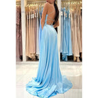 V-Neck Sheath/Column Satin Pleats Split Criss-Cross Straps Prom Dress