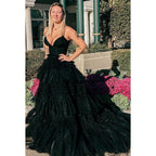 V-Ausschnitt Spaghettiträger gerüschtes Tüll A-Linie langes Homecoming-Hofkleid 