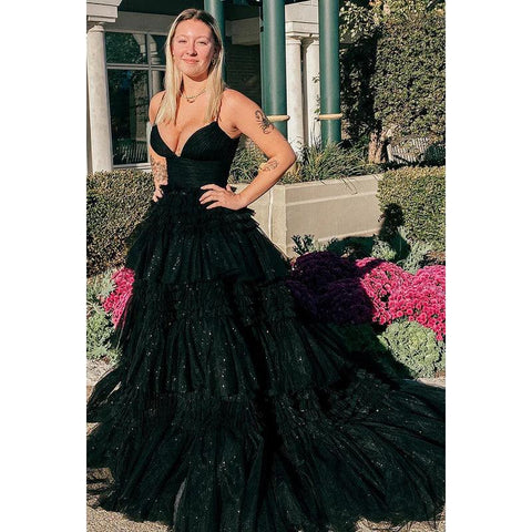V-Neck Spaghetti Straps Ruched Tulle A-Line Long Homecoming Court Dress
