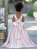 Sleeveless Satin Beaded Neckline and Bow Detail Dress