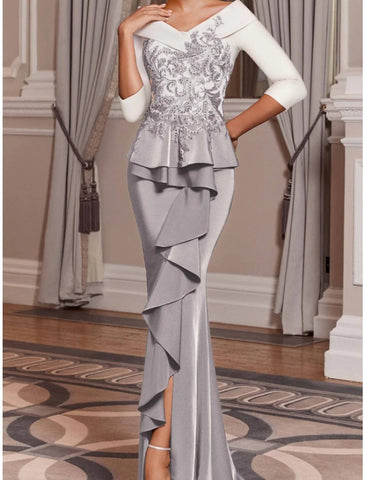 Meerjungfrau/Trompete Kleid für die Brautmutter, Hochzeitsgast, elegant, schulterfrei, Sweep/Pinselschleppe, Satin, 3/4-Ärmel mit Paillettenrüschen