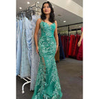Vestido de fiesta largo con escote en V, tirantes finos, encaje, apliques y cuentas