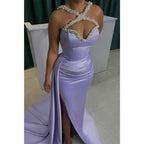Vestido de noche para fiesta de graduación, de satén, ajustado, con cuentas cruzadas y fruncido, con abertura lateral 