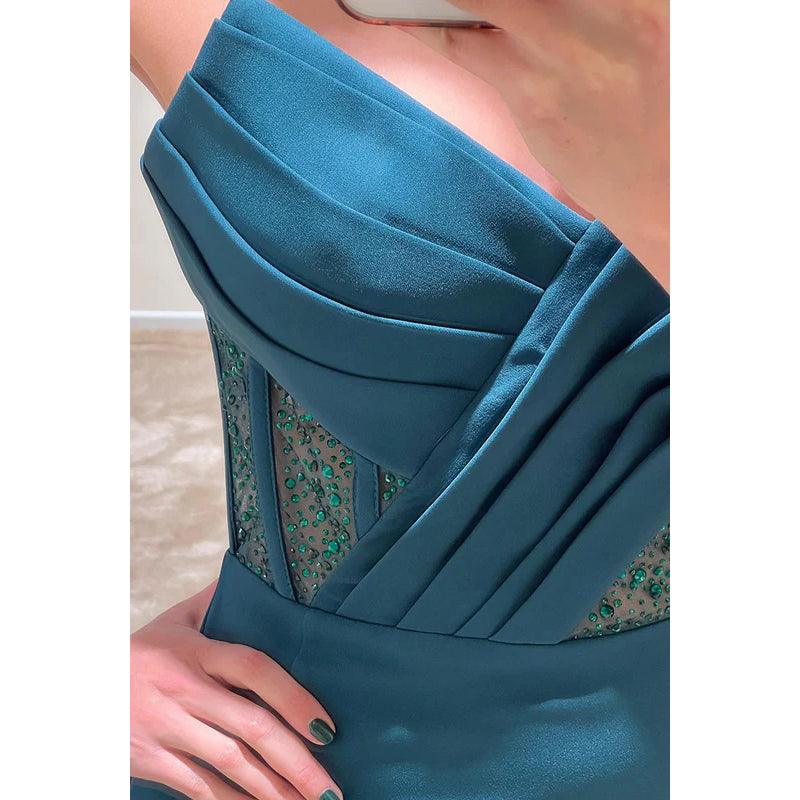 Vestido de noche largo de fiesta con escote en V, sin tirantes, fruncido, con cuentas y transparencias
