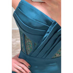 Vestido de noche largo de fiesta con escote en V, sin tirantes, fruncido, con cuentas y transparencias