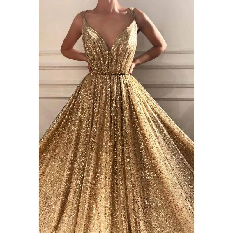 Vestido de noche formal con lentejuelas doradas, escote en V, tirantes finos y brillo. 