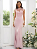 Vestidos de dama de honor de corte trompeta/sirena con apliques de crepé elástico, cuello alto, sin mangas y largo hasta el suelo