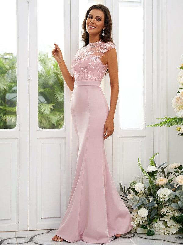 Vestidos de dama de honor de corte trompeta/sirena con apliques de crepé elástico, cuello alto, sin mangas y largo hasta el suelo