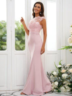 Vestidos de dama de honor de corte trompeta/sirena con apliques de crepé elástico, cuello alto, sin mangas y largo hasta el suelo