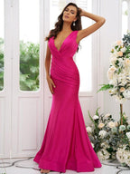 Vestidos de dama de honor de corte trompeta/sirena, jersey fruncido, escote en V, sin mangas, cola larga