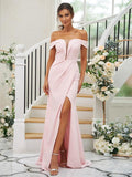 Vestidos de dama de honor con corte tubo/columna, crepé elástico, fruncido, hombros descubiertos, sin mangas, con cola larga