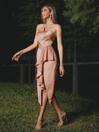 Sheath/Column Charmeuse Ruffles Strapless Sleeveless Tea-Length Bridesmaid Dresses