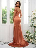 Sheath/Column Silk like Satin Ruched Off-the-Shoulder Sleeveless Sweep/Brush Train Bridesmaid Dresses