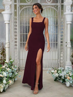 Numbersea Sheath Column Stretch Crepe Bowknot Straps Sleeveless Floor-Length Bridesmaid Dresses