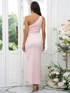 Vestidos de dama de honor con corte tubo/columna, charmeuse, fruncido, un hombro, sin mangas, hasta los tobillos