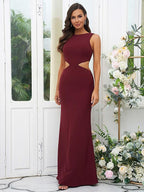 Vestidos de dama de honor de corte tubo/columna en crepé elástico, escote redondo, sin mangas y largo hasta el suelo