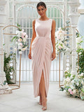 Sheath/Column Jersey Ruched Scoop Sleeveless Ankle-Length Bridesmaid Dresses