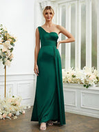 Vestidos de dama de honor con corte tubo/columna, de satén elástico, fruncido, un hombro, sin mangas, hasta el suelo