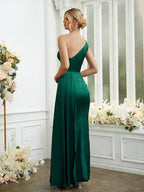 Vestidos de dama de honor con corte tubo/columna, de satén elástico, fruncido, un hombro, sin mangas, hasta el suelo