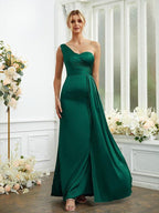 Vestidos de dama de honor con corte tubo/columna, de satén elástico, fruncido, un hombro, sin mangas, hasta el suelo