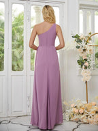 Etui-Linie/Säule Chiffon Rüschen One-Shoulder-Träger Ärmellos Bodenlang Brautjungfernkleider