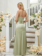 Vestidos de dama de honor de corte tubo/columna, de satén tipo seda, fruncidos, escote corazón, sin mangas, hasta el suelo