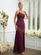 Etui-Linie/Säule Chiffon Rüschen One-Shoulder-Träger Ärmellos Bodenlang Brautjungfernkleider