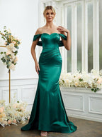 Sheath/Column Elastic Woven Satin Ruched Off-the-Shoulder Sleeveless Sweep/Brush Train Bridesmaid Dresses