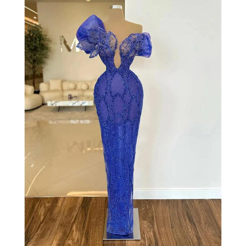 Sheath Off-shoulder Bead Embroidery Illusion Floral Blue Long Prom Evening Dress