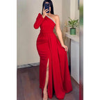 Sheath One Shoulder Beaded Long Sleeve Split Prom Evening Gown