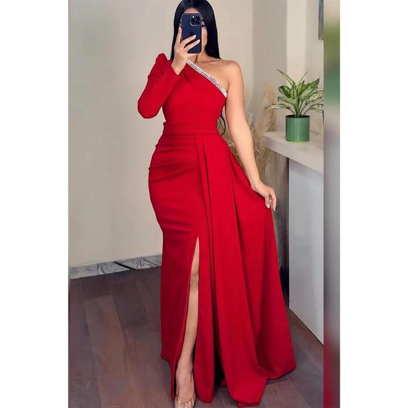 Sheath One Shoulder Beaded Long Sleeve Split Prom Evening Gown