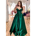 Vestido de fiesta largo sencillo de satén verde con escote en V y abertura, corte A 