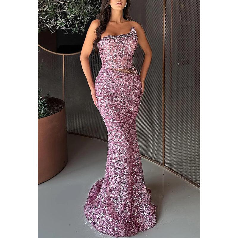Glitzerndes, trägerloses Trompetenkleid mit Perlenbesatz für Party, Abschlussball, Abendkleid 