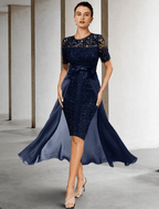 Etui-/Säulenkleid für die Mutter der Braut, formeller Hochzeitsgast, elegant, Rundhalsausschnitt, knielang, Spitze, kurze Ärmel, mit Schleife(n)