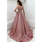 Vestido de fiesta de tul rosa brillante con escote en V pronunciado y bolsillos 