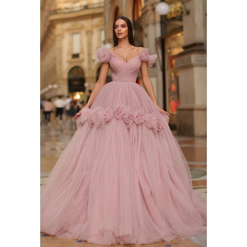 Schulterfreies Ballkleid mit V-Ausschnitt und Rüschen aus Tüll mit Blumenmuster, Abschlussball, Abendkleid