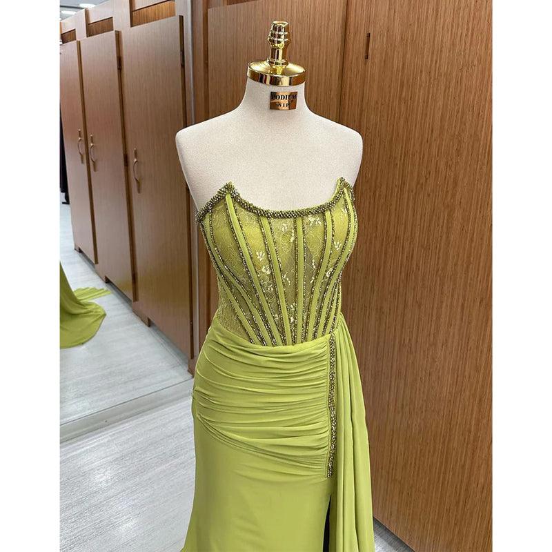 Etui-Linie/Säule, trägerlos, Perlen, lang, formelles Abendkleid mit Schlitz 