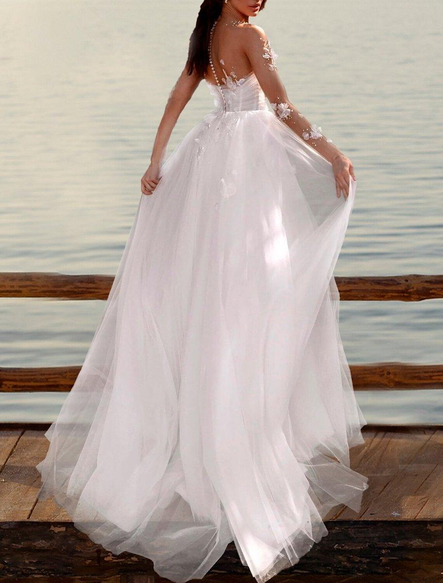 NumberSea - Beach Boho Wedding Dresses A - Line Illusion Neck Long Sleeve Sweep / Brush Train Tulle Bridal Gowns With Appliques Solid Color