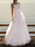 NumberSea - Beach Boho Wedding Dresses A - Line Illusion Neck Long Sleeve Sweep / Brush Train Tulle Bridal Gowns With Appliques Solid Color