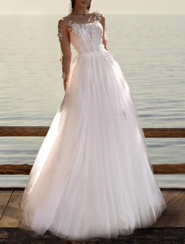 NumberSea - Beach Boho Wedding Dresses A - Line Illusion Neck Long Sleeve Sweep / Brush Train Tulle Bridal Gowns With Appliques Solid Color