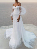 NumberSea - Beach Boho Wedding Dresses A - Line Off Shoulder 3/4 Length Sleeve Court Train Satin Bridal Gowns With Solid Color
