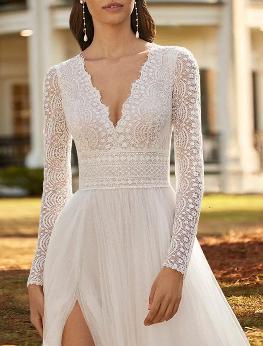 boho wedding dress long train Bohemian Lace A-Line Wedding Dresses Sweep Train Long Sleeves V-Neck Beach Bridal Gowns High Waist Simple Country Bride Dress 2023 Spring Summer