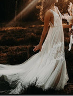 NumberSea - Beach Boho Wedding Dresses A - Line V Neck Sleeveless Court Train Lace Bridal Gowns With Lace Summer Fall Wedding Party