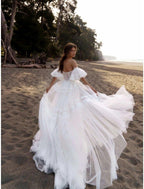 NumberSea - Beach Boho Wedding Dresses Court Train A - Line Short Sleeve Sweetheart Lace With Solid Color