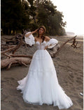 NumberSea - Beach Boho Wedding Dresses Court Train A - Line Short Sleeve Sweetheart Lace With Solid Color