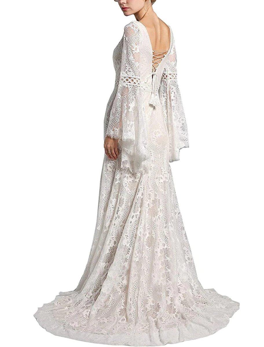 NumberSea - Beach Boho Wedding Dresses Mermaid / Trumpet V Neck Long Sleeve Sweep / Brush Train Lace Bridal Gowns With Tassel