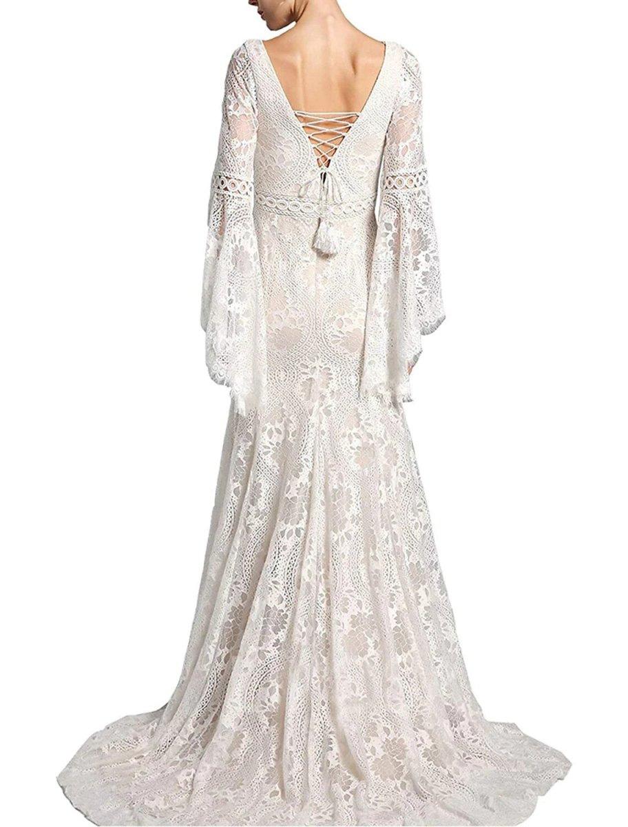 NumberSea - Beach Boho Wedding Dresses Mermaid / Trumpet V Neck Long Sleeve Sweep / Brush Train Lace Bridal Gowns With Tassel