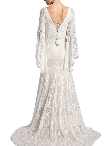 NumberSea - Beach Boho Wedding Dresses Mermaid / Trumpet V Neck Long Sleeve Sweep / Brush Train Lace Bridal Gowns With Tassel