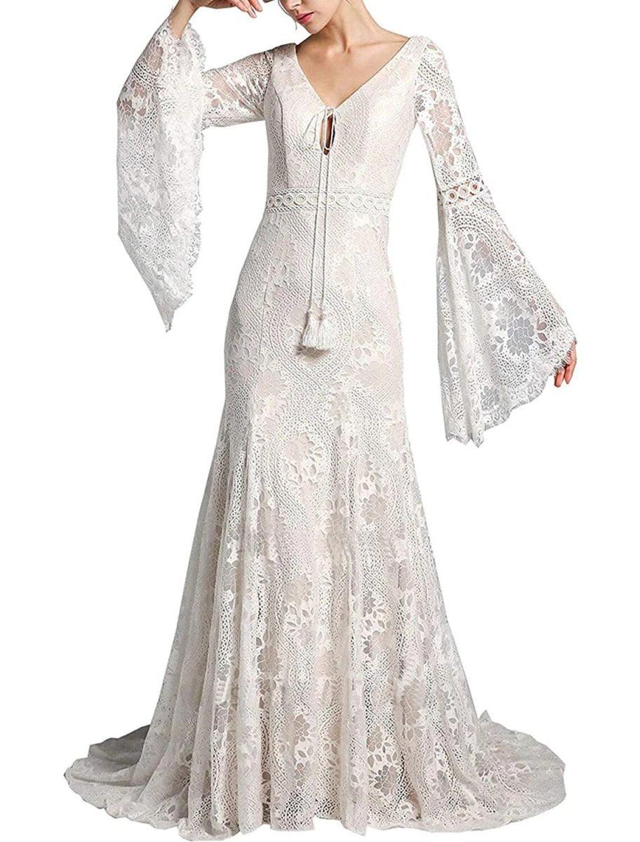 NumberSea - Beach Boho Wedding Dresses Mermaid / Trumpet V Neck Long Sleeve Sweep / Brush Train Lace Bridal Gowns With Tassel