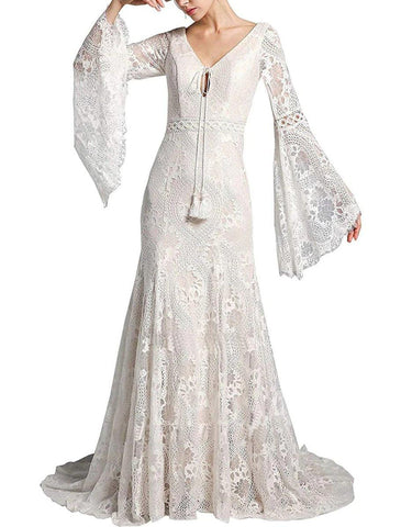 NumberSea - Beach Boho Wedding Dresses Mermaid / Trumpet V Neck Long Sleeve Sweep / Brush Train Lace Bridal Gowns With Tassel
